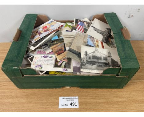 Postcards: Banana box of vintage postcards, including RPs, greetings, humour, plus a few Speedway photographs.