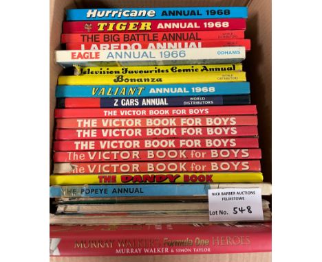Comics: Box of mostly 1960s annuals including Eagle, Valiant, Victor, Smash; generally Good condition.