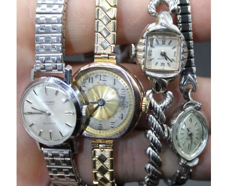 A ladies 9ct gold cased vintage manual wind wrist watch, case dia. 24mm, together with a ladies Bulova steel cased cocktail w