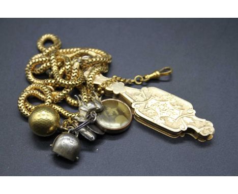 A pair of gilt metal lorgnettes having sprung and folding action, and on gilt metal snake link chain, together with sundry me