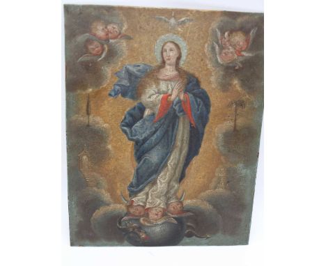 Continental school, early 20th century, full length portrait of the Madonna, oil on copper panel, the opposing side engraved 