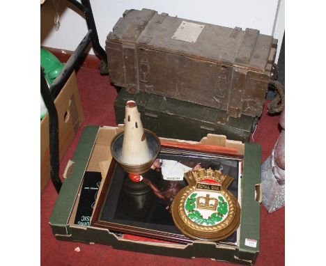 Miscellaneous items to include two ammunition crates, a Royal Oak wall plaque, and sporting photographs
