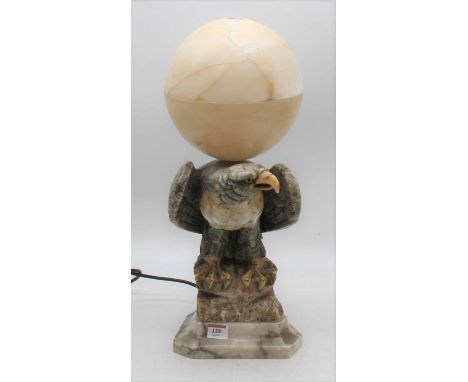 A 20th century marble table lamp in the form of an eagle supporting a globular shade (shade a/f), h.49cm