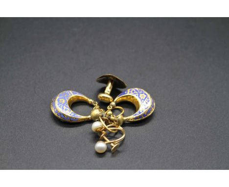 A pair of Middle-Eastern yellow metal and enamel set crescent ear pendants, with screw fittings; together with a pair of yell