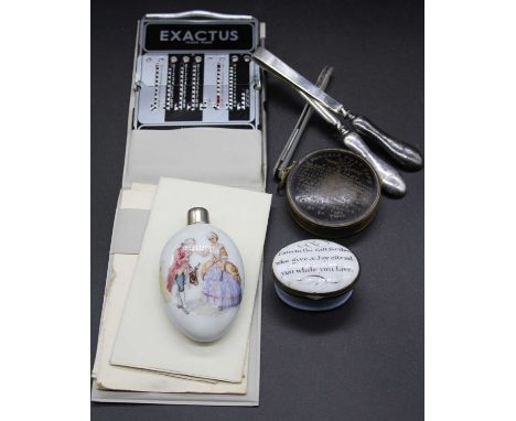 A small collection of miscellaneous to include an Exactus sterling pocket calculator in leather wallet, porcelain scent bottl