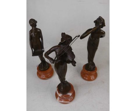 A set of three reproduction bronze figures of ladies, each mounted upon a socle marble plinth, the largest h.22cm