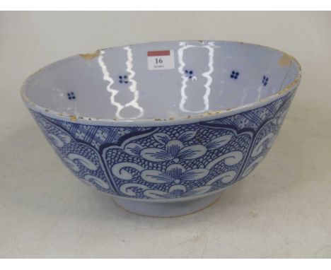 An 18th century English delftware bowl, dia.27cm (a/f)