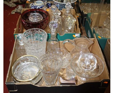 Two boxes of glassware, to include decanters and a ruby overlaid glass bowl 