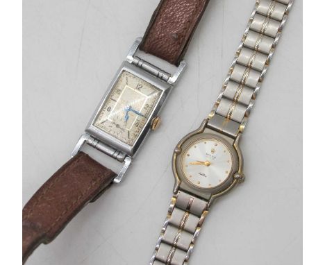 A gents Art Deco steel cased tank wrist watch having manual wind movement, case width 21mm, together with a ladies steel case