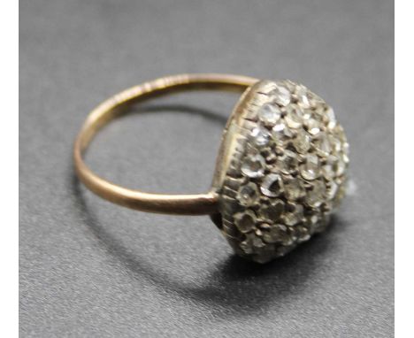 A  Geo V 9ct gold diamond tablet ring, the heart shaped head set with numerous rose cut diamonds, setting measurements approx