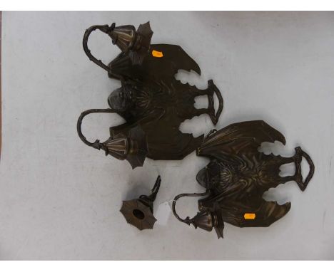 A pair of bronze twin-branch wall sconces, each in the form of a bat, one a/f - 34cm