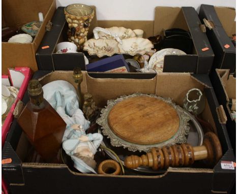 Two boxes of various items to include a shellwork vase and a Carltonware dish 