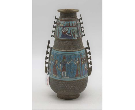 An early 20th century bronze alloy vase, of tapering form, having two cloisonne bands decorated in the Egyptian style, h.30cm