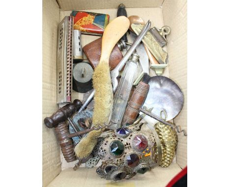 A small collection of miscellaneous items to include 19th century corkscrews, pocket cigarette case, Weiss harmonica etc