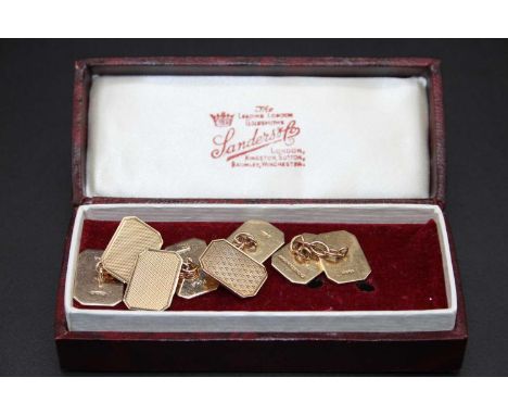 A pair of gent's 9ct gold and engine turned cufflinks; together with another similar pair, gross weight 13g (2)