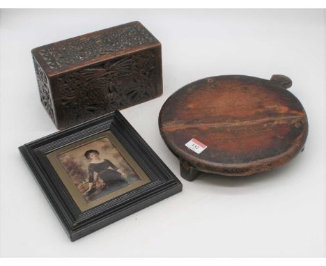 A Victorian portrait of a lady within ebonised frame, 23 x 20cm; together with a Victorian carved walnut box, having a felt-l