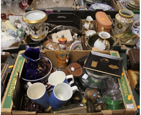 Two boxes of miscellaneous items to include a pair of binoculars, plates and a Japanese imari plate 