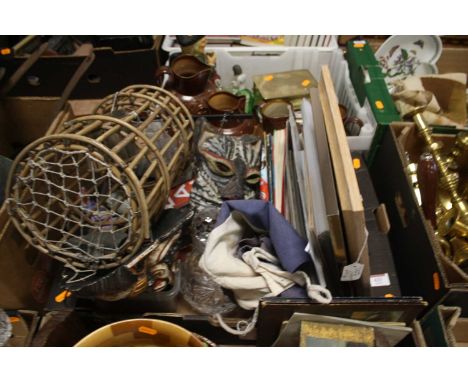 Miscellaneous items to include carved wooden masks and a cut glass decanter