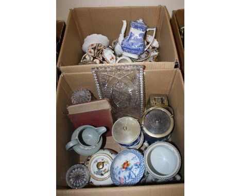 Two boxes of ceramics and glassware to include jasperware, cut glass decanter, and various tea wares