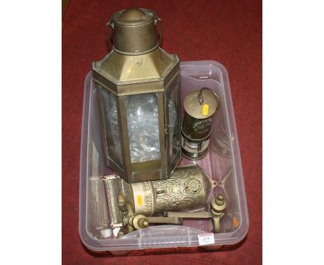 A 19th century copper ship's bulkhead oil light, height 41cm, excluding handle, together with a 19th century copper and brass