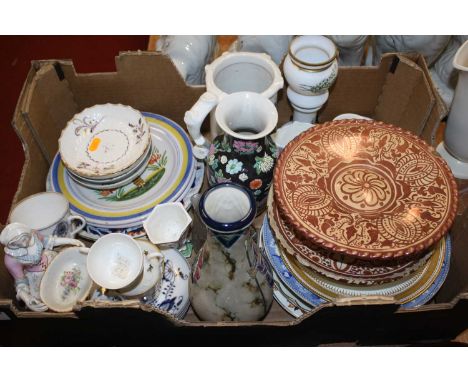 A collection of ceramics to include a Spanish lustre dish, dia.22cm, an 18th century Worcester porcelain dish; and plates 