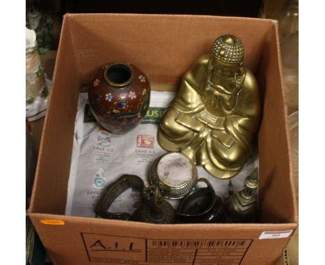 A collection of Asian items to include a bronze model of Buddha and a cloisonne enamelled vase 