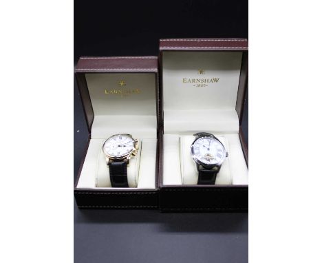 A gentleman's Earnshaw gold plated cased and steel backed chronograph wrist watch having an enamel dial with Roman outer nume