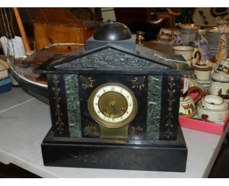 A Victorian black slate and verre antique green marble clock, set arabic enamel dial with cylinder movement, chiming gong, be