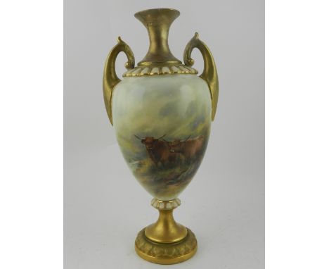 A Royal Worcester twin-handled vase, decorated with two bulls in landscape to one side, signed 'Stinton', bears puce factory 