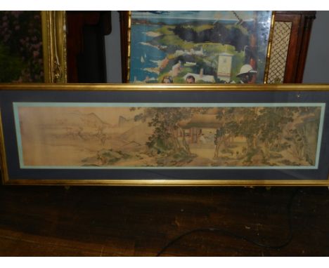 A Chinese print of a landscape scene, framed. H.32cm W.142cm 