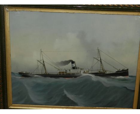 A polychrome lithograph maritime study of a steamship S.S. Lowlands, inscribed 1902, ploughing through stormy seas. H: 38cm W