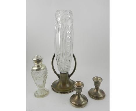 A WMF alpaca celery vase, the upper section with hobnail cut glass, raised on a flared rim, in the Art Nouveau taste. H: 34cm