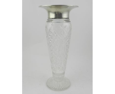 A hobnail and cut glass celery vase, having silver flared rim decorated with guilloche, H: 28cm 