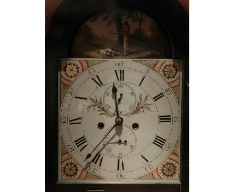 A late George III mahogany long cased clock, crossbanded, the case having a broken swan neck pediment above a shaped trunk do