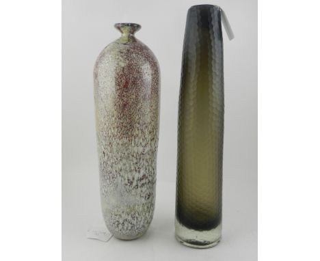 A grey and red mottled cylindrical glass vase. H.39cm, together with one olive coloured glass vase, having plannished surface