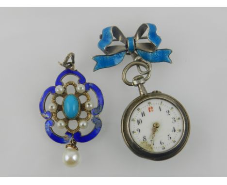 A white metal gentleman's fob watch, decorated with guilloche enamel (face lacking glass) suspended on a blue enamel bow broo