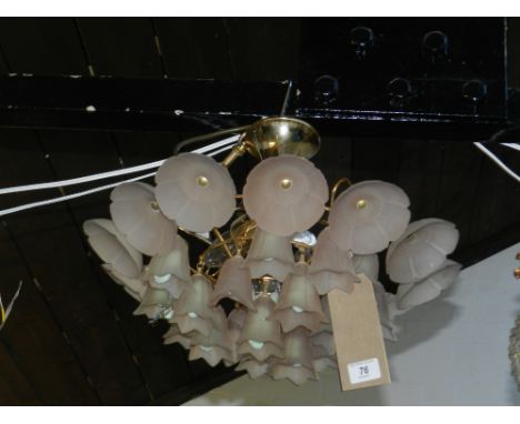 A modern opalescent glass and gilt brass ceiling light decorated with bell flowers and poppies. D: 45cm