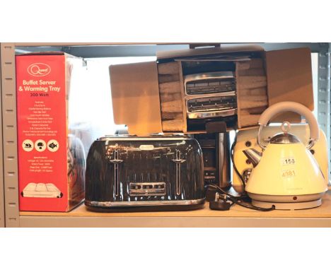 Shelf of Breville and Morphy Richards toasters, some unused with kettle and buffet warmer. Not available for in-house P&P, co