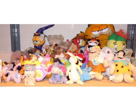 Shelf of mixed soft toys including Garfield, Flintstones etc. Not available for in-house P&amp;P, contact Paul O'Hea at Mailb