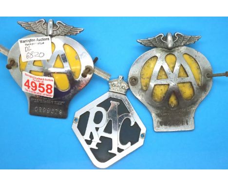 Two vintage AA badges and a RAC badge. P&amp;P Group 1 (£14+VAT for the first lot and £1+VAT for subsequent lots) 