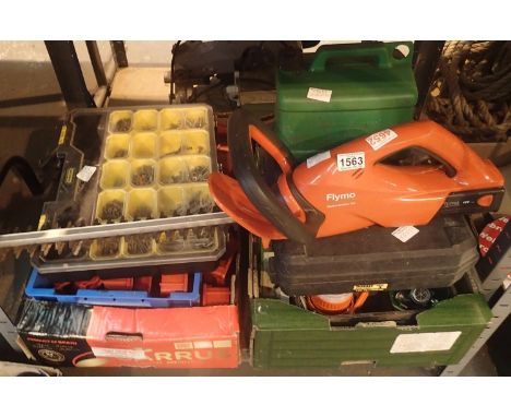 Two boxes of tools including a hedge cutter, Stihl blade, petrol can, Dewalt drill box and a box of assorted screws. Not avai