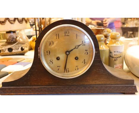 Vintage mahogany Napoleons hat Westminster chiming mantel clock with pendulum and key. Not available for in-house P&amp;P, co