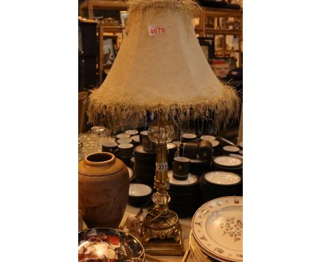 Large gilt and glass stemmed table light, H: 60 cm. Not available for in-house P&P, contact Paul O'Hea at Mailboxes on 01925 