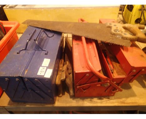 Two metal cantilever tool boxes with workshop tools and three saws. Not available for in-house P&amp;P, contact Paul O'Hea at