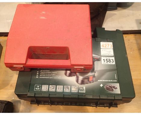 A cased Bosch PSR18 cordless drill with charger, two batteries and also a various sized drill hole set. Not available for in-