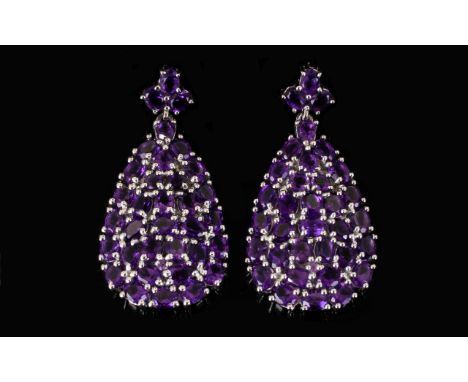 Amethyst Pear Drop Cluster Statement Earrings, long, pear shape clusters of oval and round cut, rich, royal purple amethysts,