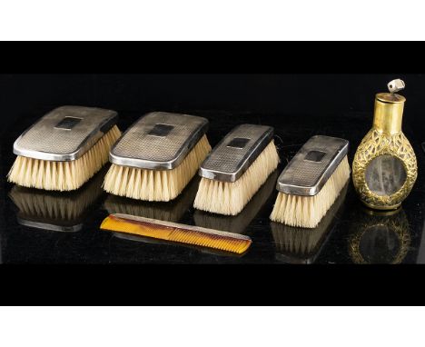 Antique Silver Travel Brush Set Housed in original leather covered case, containing four brushes and comb, each silver topped
