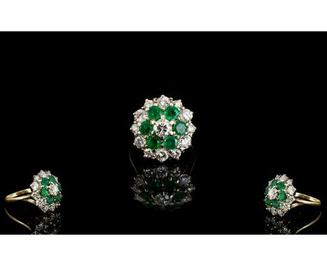 18ct Gold - Attractive Emerald and Diamond Set Cluster Ring, Flower head Design. Both Emeralds and Diamonds of Good Quality. 