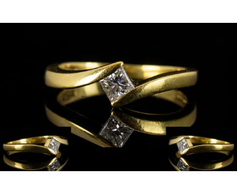 18ct Gold Contemporary Single Stone Diamond Dress Ring of Simple bur Pleasing Design. The Princes Cut Diamond of Top Quality.