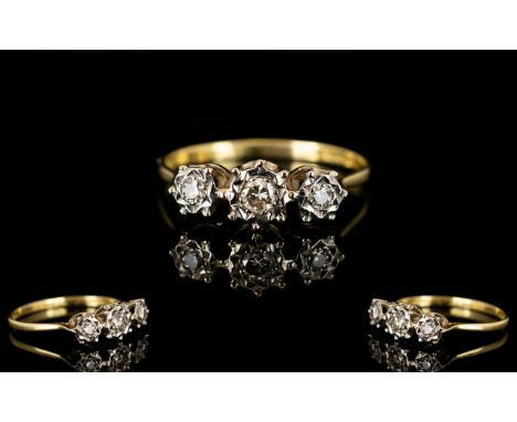 18ct Yellow Gold 3 Stone Diamond Ring, Illusion Set. Marked 18ct and Full Hallmark for Birmingham 1924. Ring Size - Q. 2.6 gr